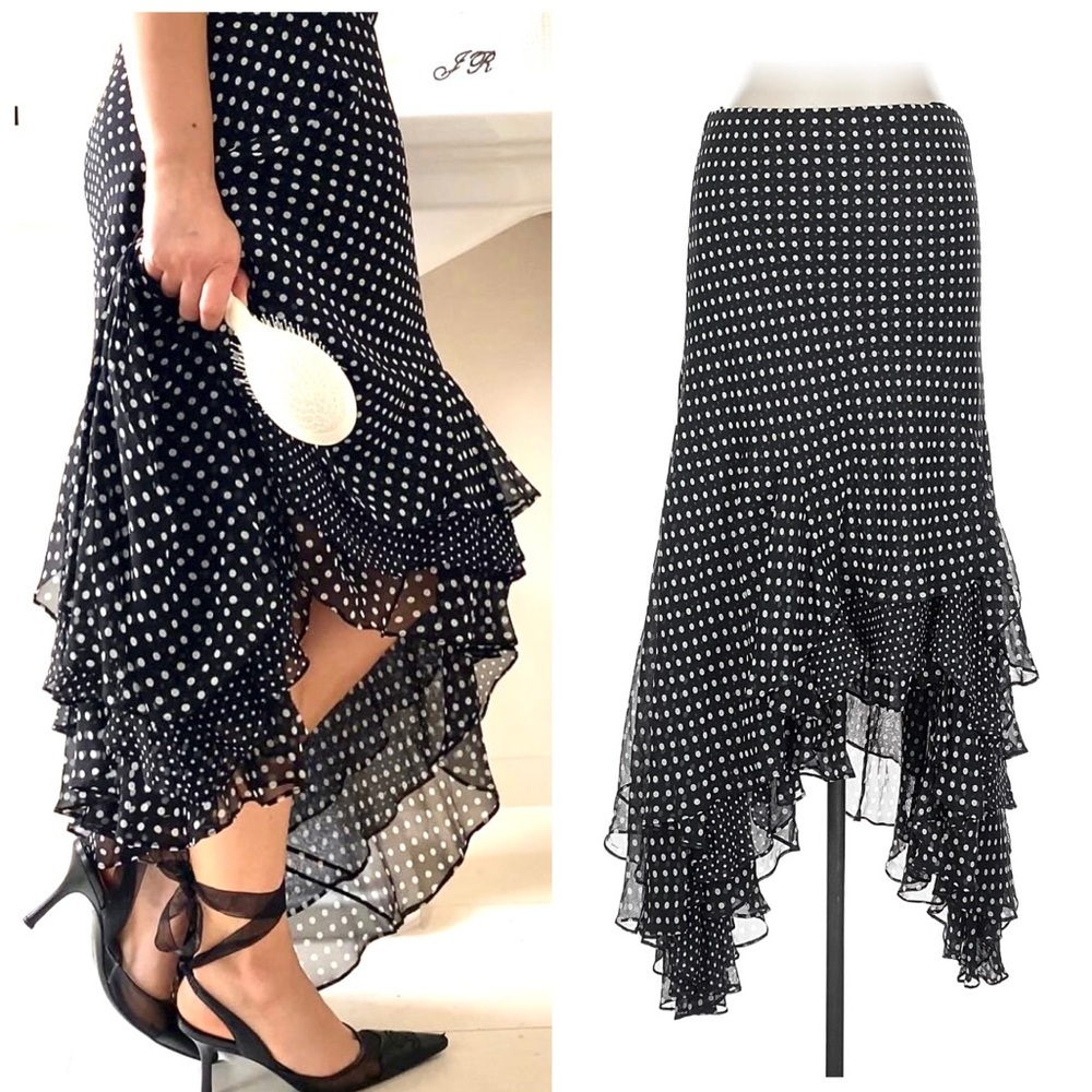 Ralph Lauren Black Polka Dot Silk Asymmetrical Skirt Ruffle Handkerchief Midi 10